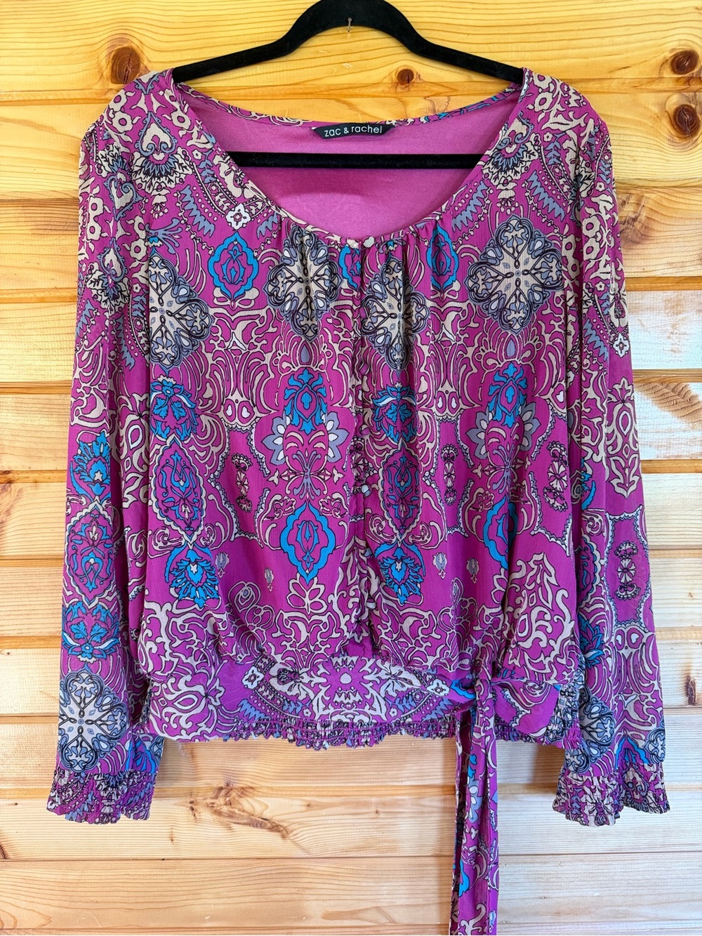 Zac & Rachel Magenta and Teal Printed Long-Sleeve Tie-Waist Blouse